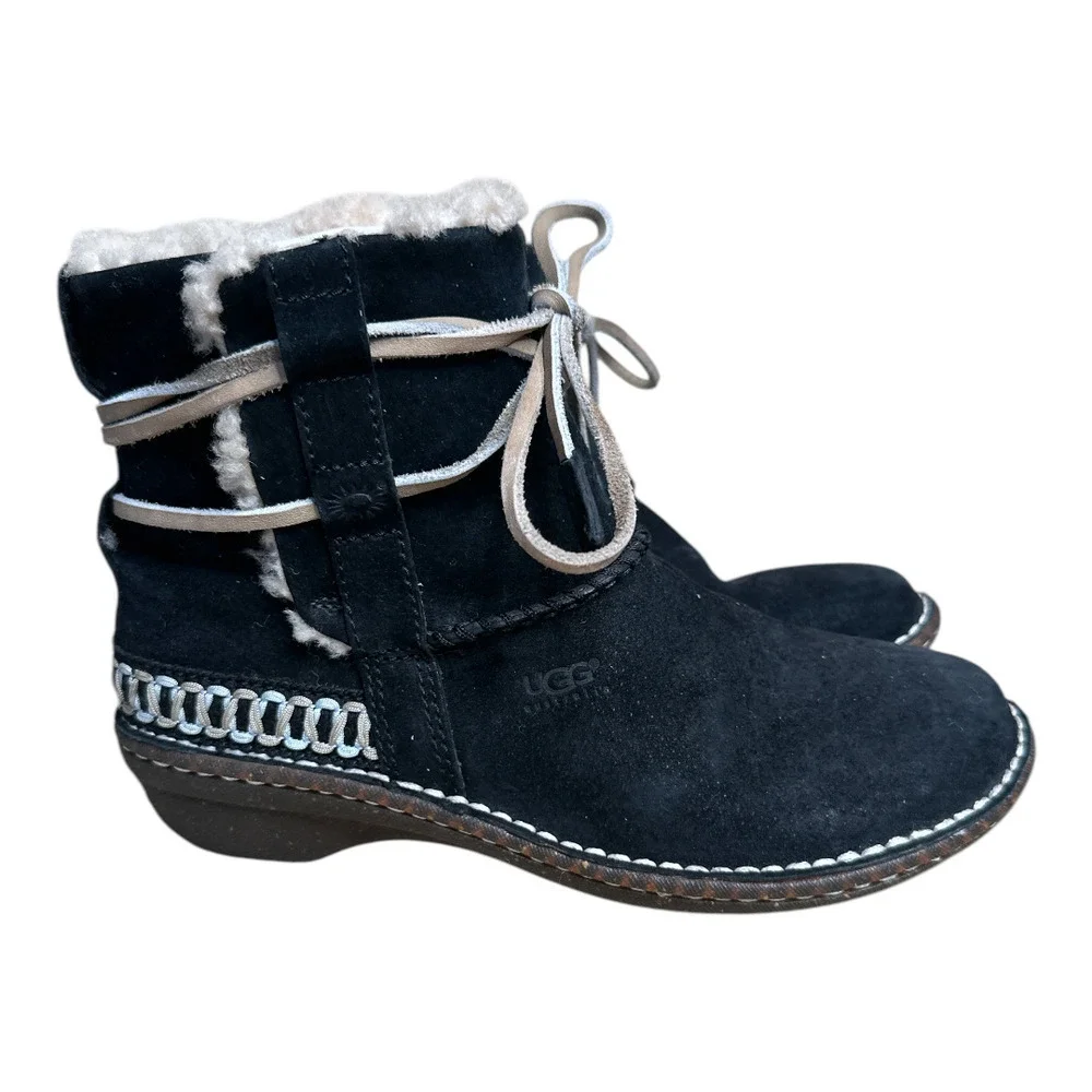 Ugg Black Suede Shearling Inside Slip On Winter Booties Women's Sz 7 Heel 1.5" - Picture 2 of 13